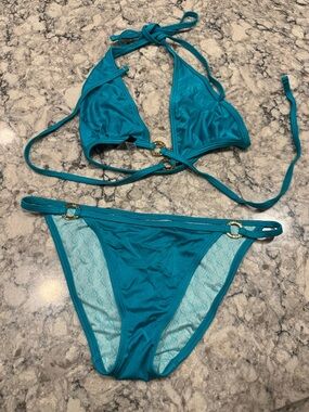 Victoria's Secret Teal Triangle Bikini with Gold Ring Accents